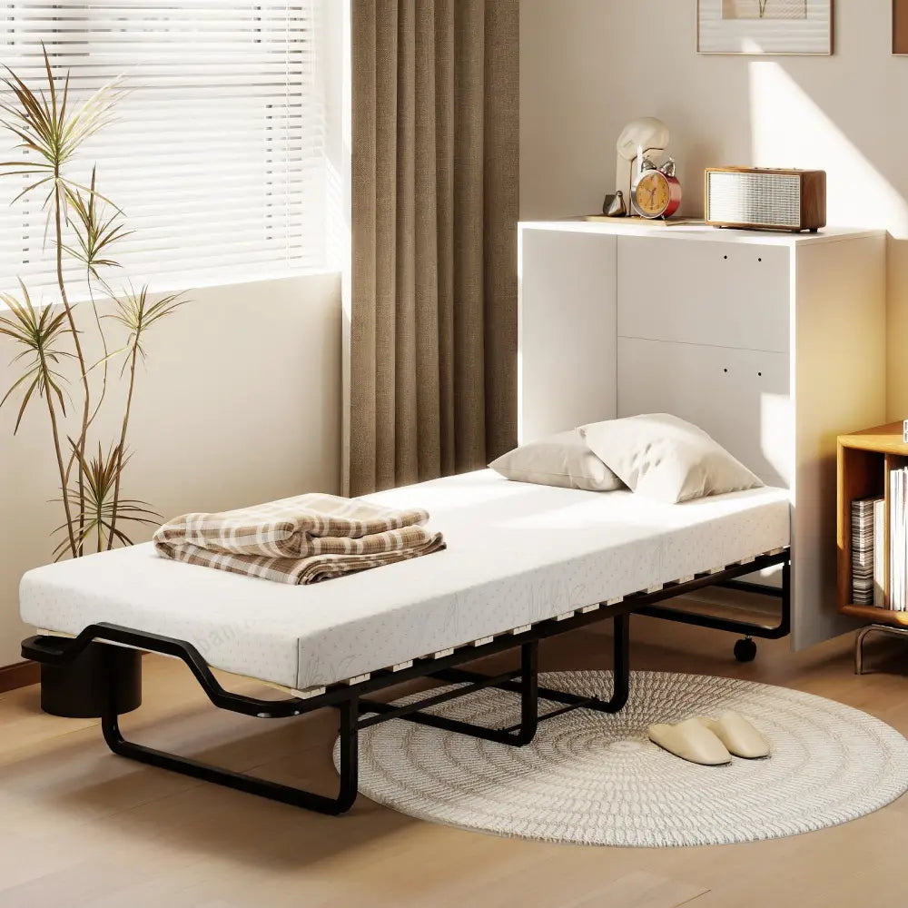 Cot Size Murphy Bed with Foldable Bed and Lockable Wheels-White - White - Folding Beds
