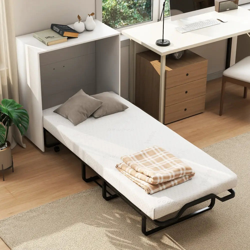 Cot Size Murphy Bed with Foldable Bed and Lockable Wheels-White - White - Folding Beds