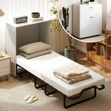 Cot Size Murphy Bed with Foldable Bed and Lockable Wheels-White - White - Folding Beds