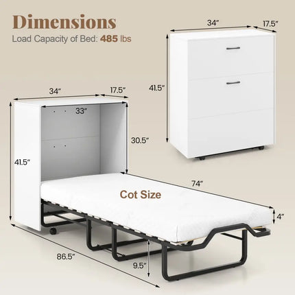 Cot Size Murphy Bed with Foldable Bed and Lockable Wheels-White - White - Folding Beds