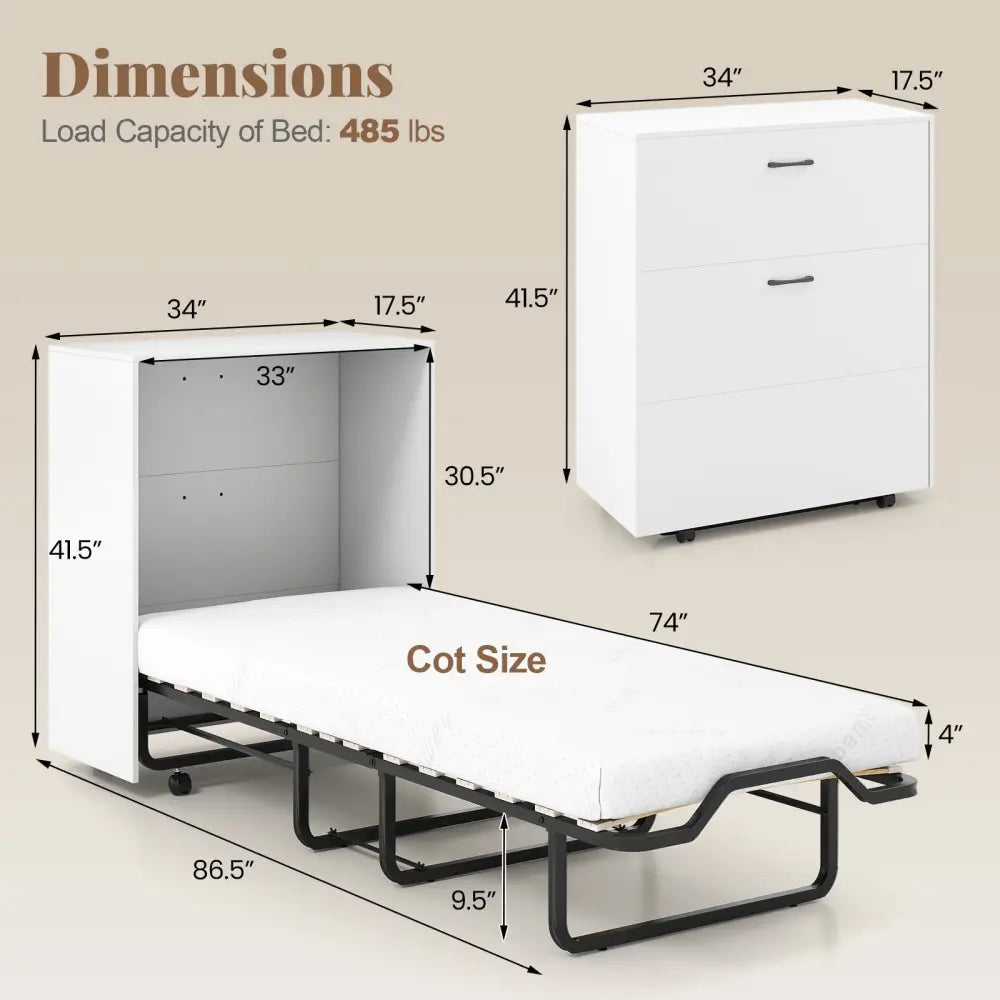 Cot Size Murphy Bed with Foldable Bed and Lockable Wheels-White - White - Folding Beds