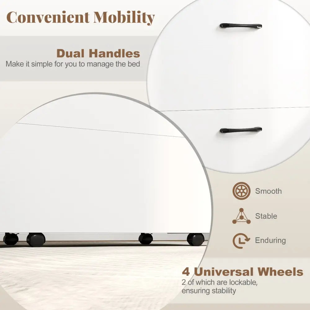 Cot Size Murphy Bed with Foldable Bed and Lockable Wheels-White - White - Folding Beds