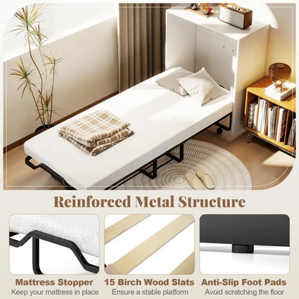 Cot Size Murphy Bed with Foldable Bed and Lockable Wheels-White - White - Folding Beds