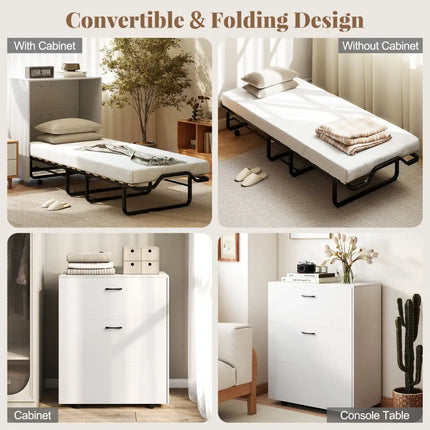 Cot Size Murphy Bed with Foldable Bed and Lockable Wheels-White - White - Folding Beds