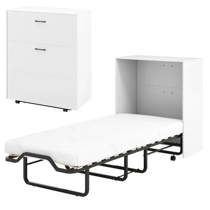 Cot Size Murphy Bed with Foldable Bed and Lockable Wheels-White - White - Folding Beds