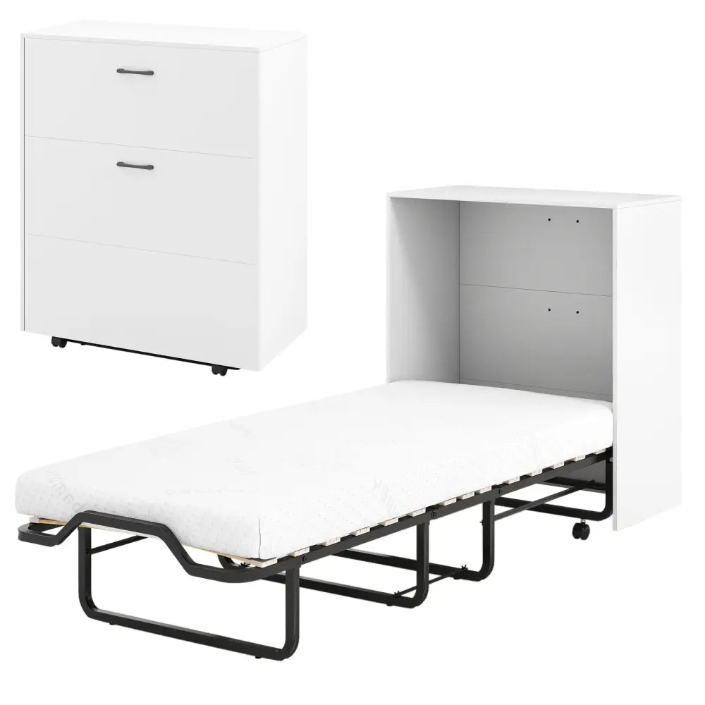 Cot Size Murphy Bed with Foldable Bed and Lockable Wheels-White - White - Folding Beds
