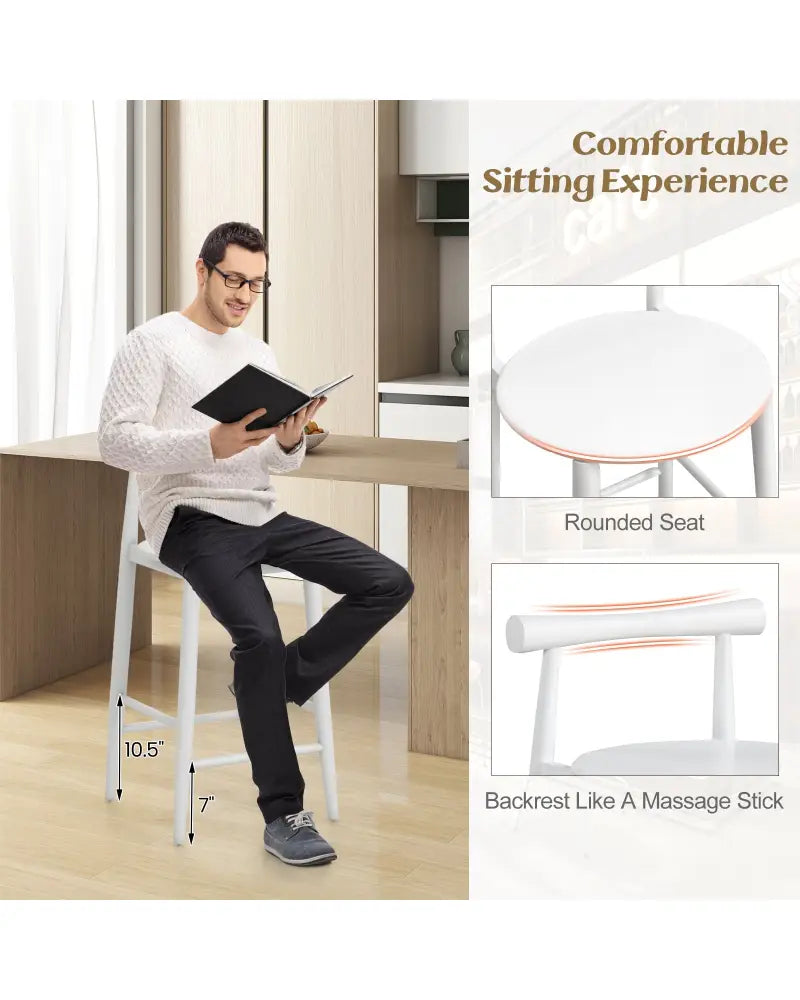 Counter Height Bar Chair Set with Acacia Wood Frame and Supporting Legs-White - White - Bar Stools