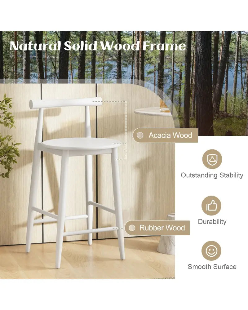 Counter Height Bar Chair Set with Acacia Wood Frame and Supporting Legs-White - White - Bar Stools