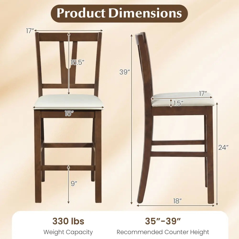 Counter Height Bar Stools with Contoured V-Back-Set of 2 - Walnut - Bar Stools