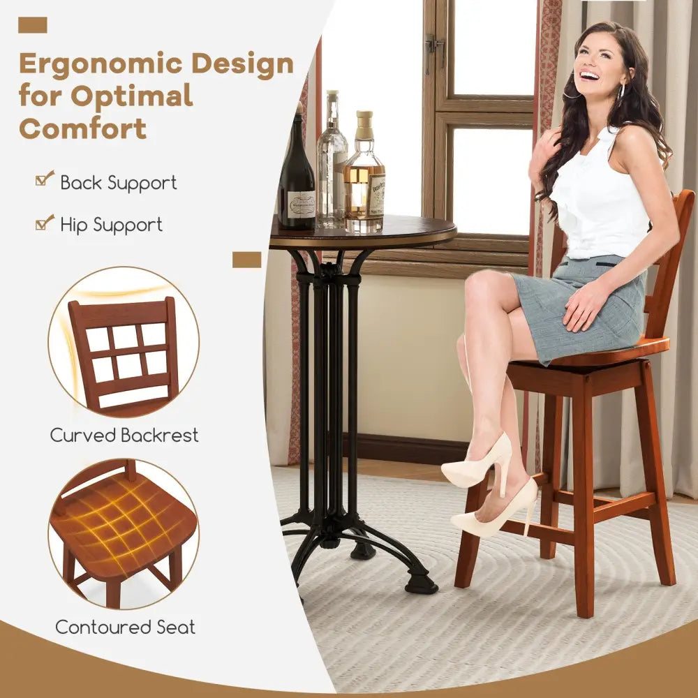 Counter Height Barstools Set of 2 with 6-Grid Hollow Back and Seat-Brown - Walnut - Bar Stools