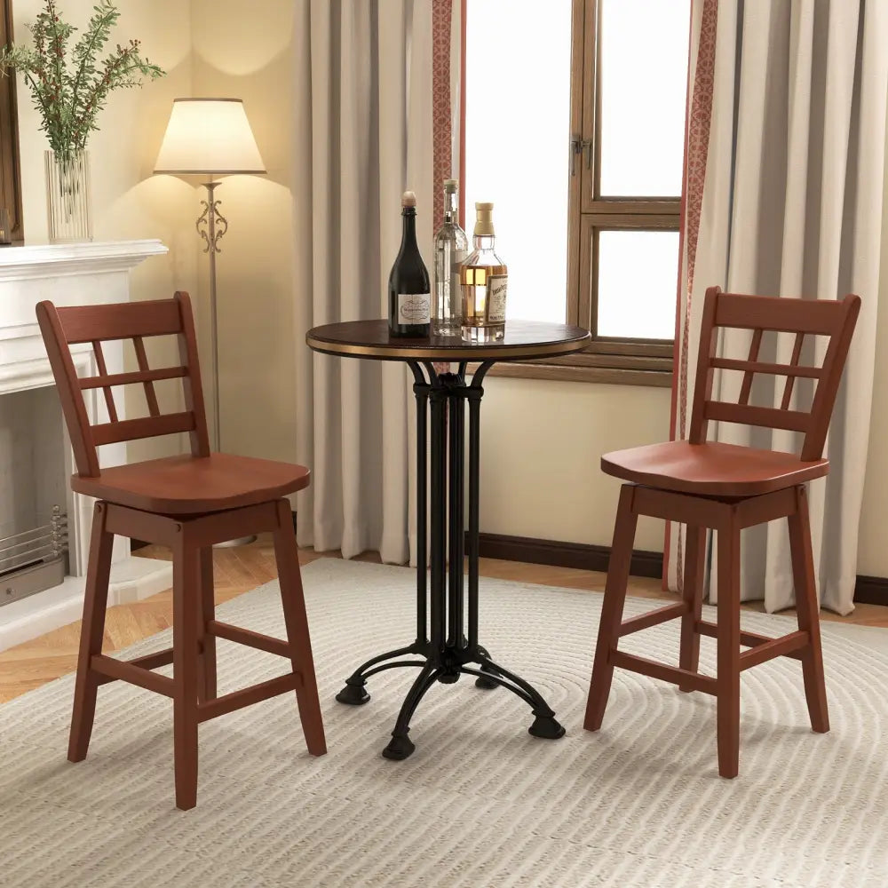 Counter Height Barstools Set of 2 with 6-Grid Hollow Back and Seat-Brown - Walnut - Bar Stools