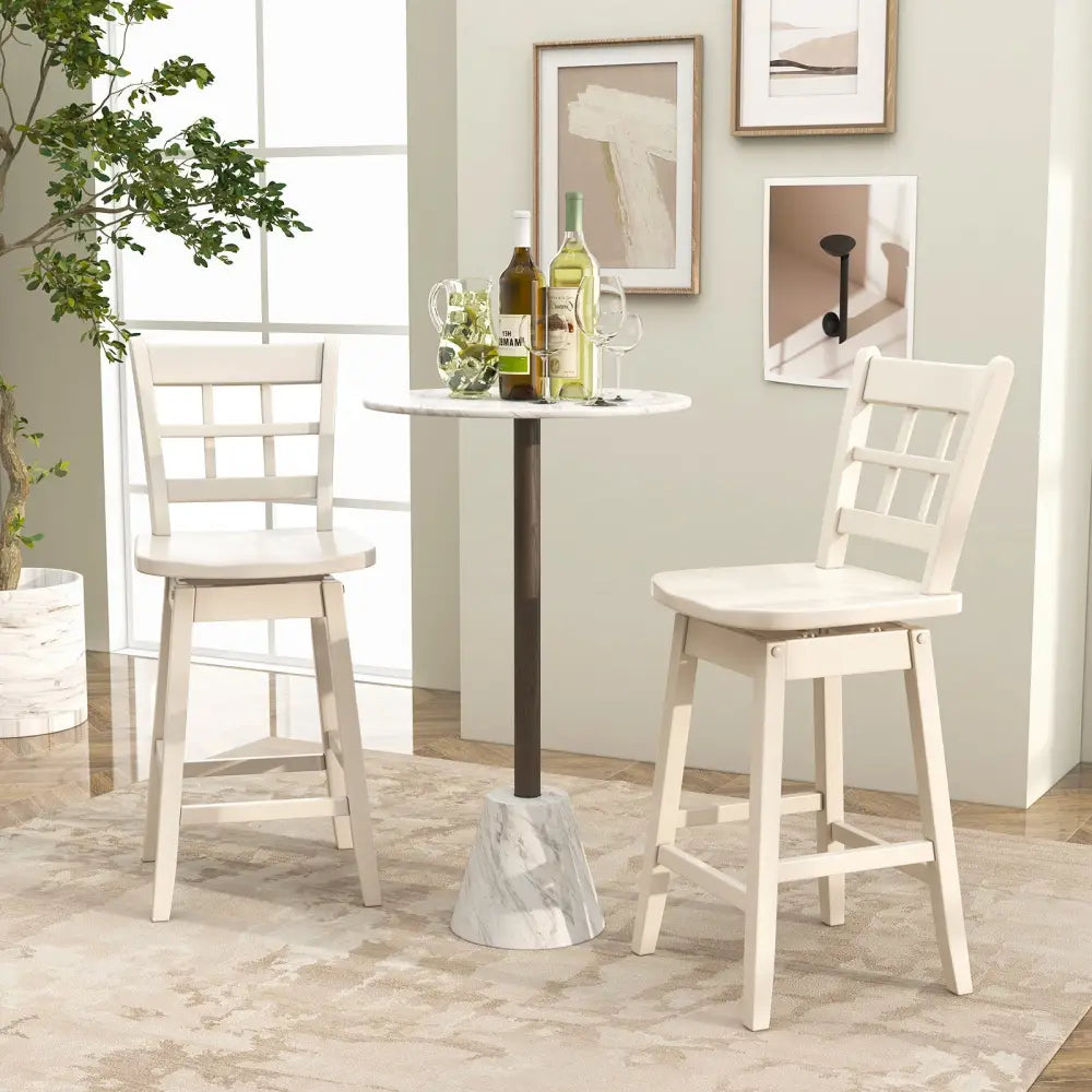 Counter Height Barstools Set of 2 with 6-Grid Hollow Back and Seat-White - White - Bar Stools