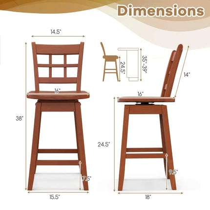 Counter Height Barstools Set of 2 with 6-Grid Hollow Back and Seat-Brown - Walnut - Bar Stools