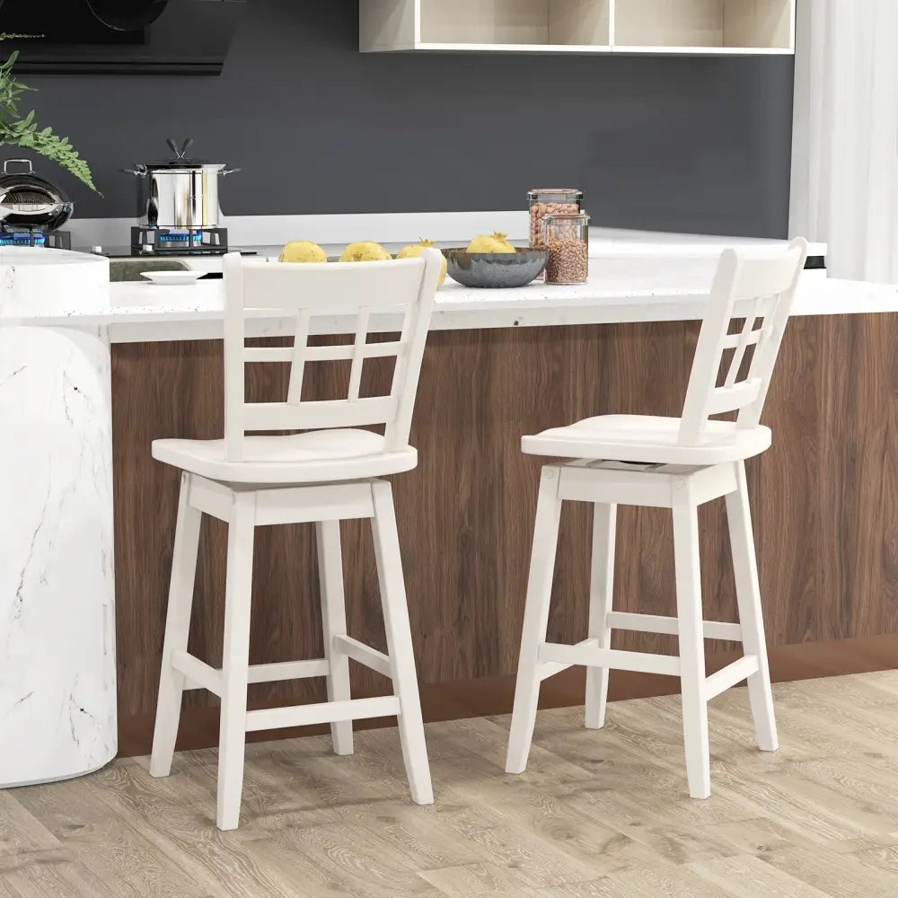 Counter Height Barstools Set of 2 with 6-Grid Hollow Back and Seat-White - White - Bar Stools