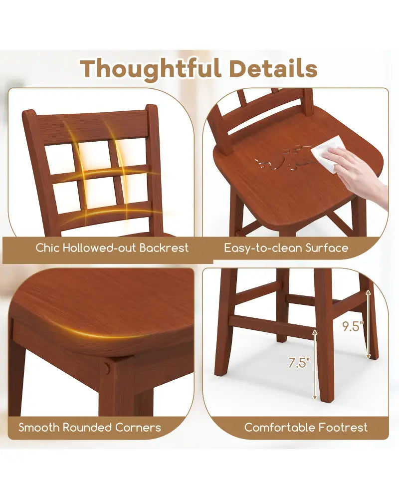 Counter Height Barstools Set of 2 with 6-Grid Hollow Back and Seat-Brown - Walnut - Bar Stools