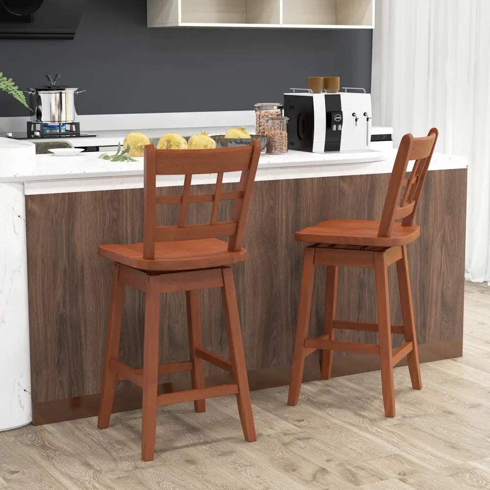 Counter Height Barstools Set of 2 with 6-Grid Hollow Back and Seat-Brown - Walnut - Bar Stools