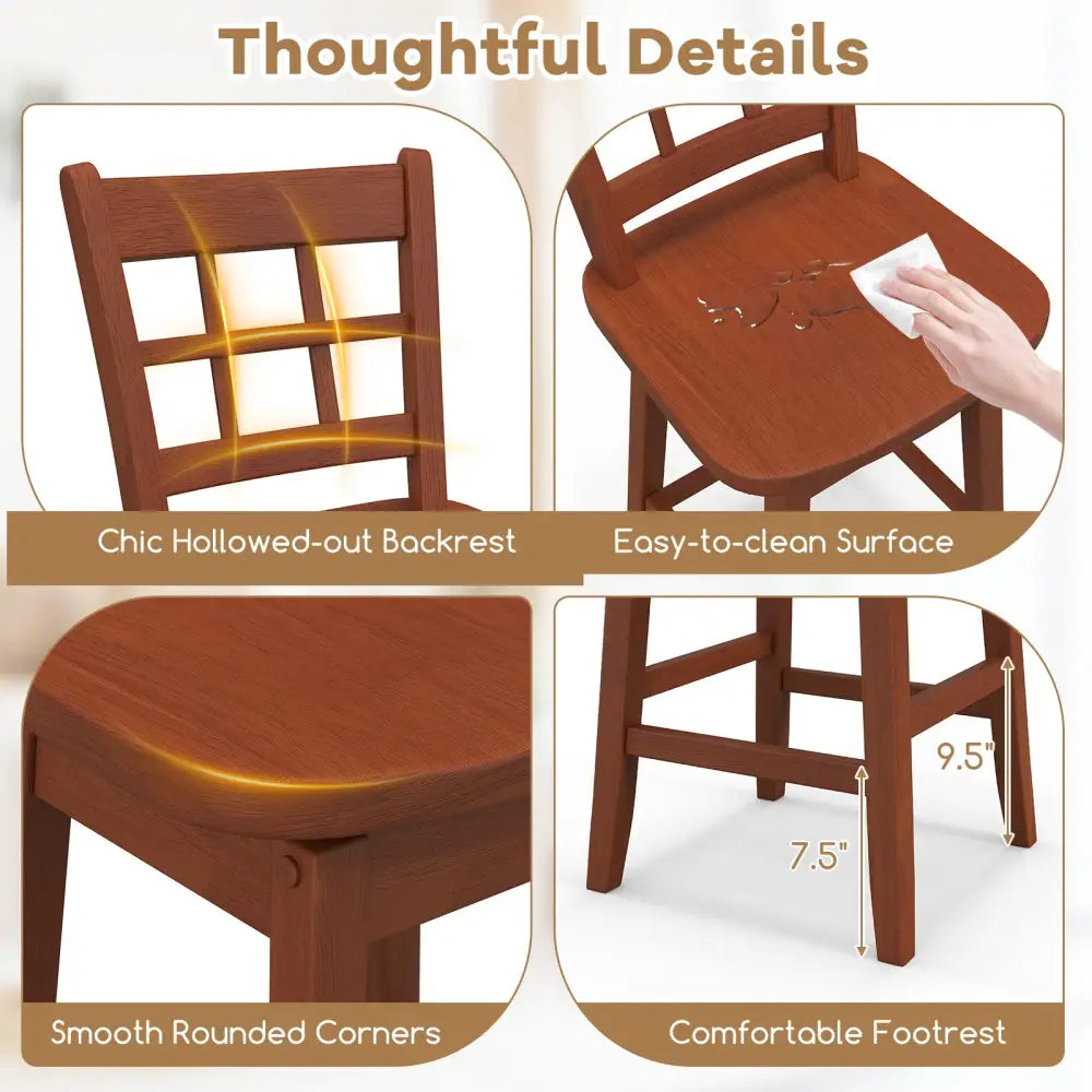 Counter Height Barstools Set of 2 with 6-Grid Hollow Back and Seat-Brown - Walnut - Bar Stools