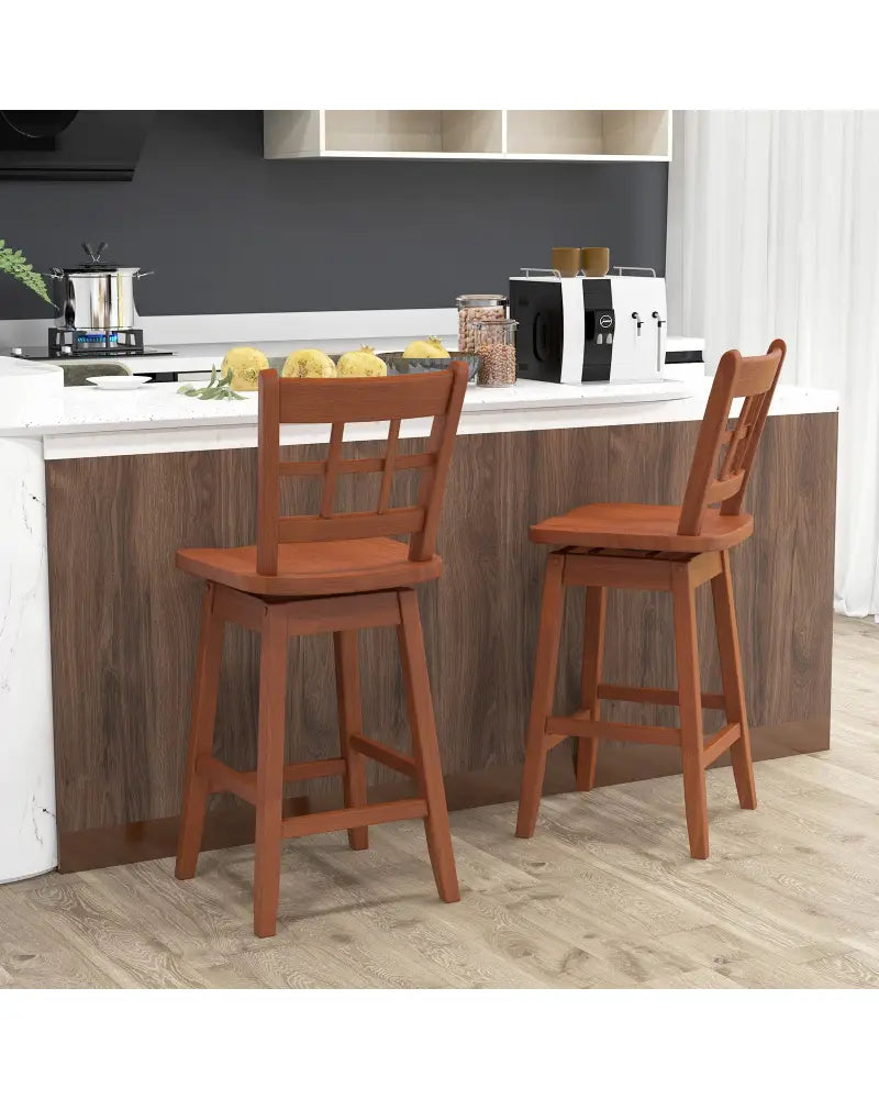 Counter Height Barstools Set of 2 with 6-Grid Hollow Back and Seat-Brown - Walnut - Bar Stools