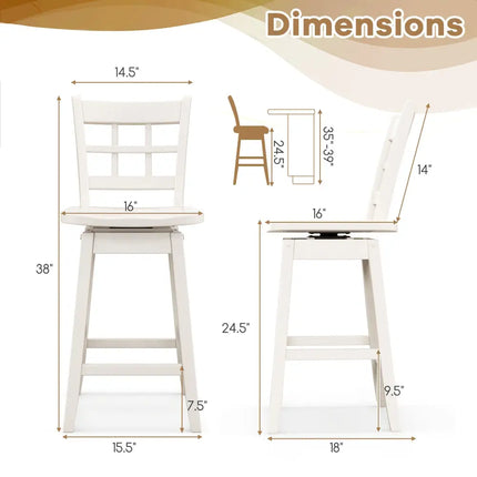 Counter Height Barstools Set of 2 with 6-Grid Hollow Back and Seat-White - White - Bar Stools