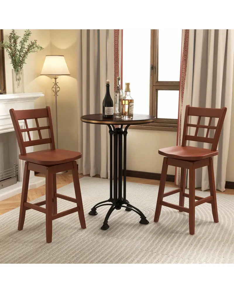 Counter Height Barstools Set of 2 with 6-Grid Hollow Back and Seat-Brown - Walnut - Bar Stools
