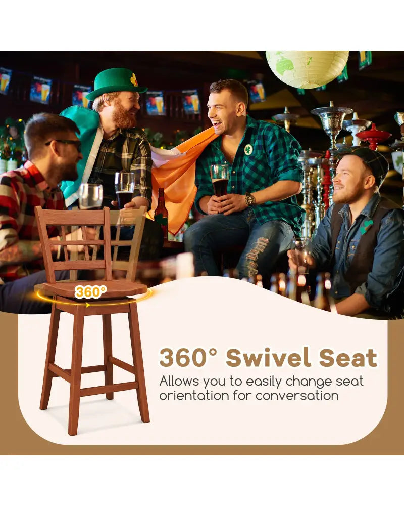 Counter Height Barstools Set of 2 with 6-Grid Hollow Back and Seat-Brown - Walnut - Bar Stools