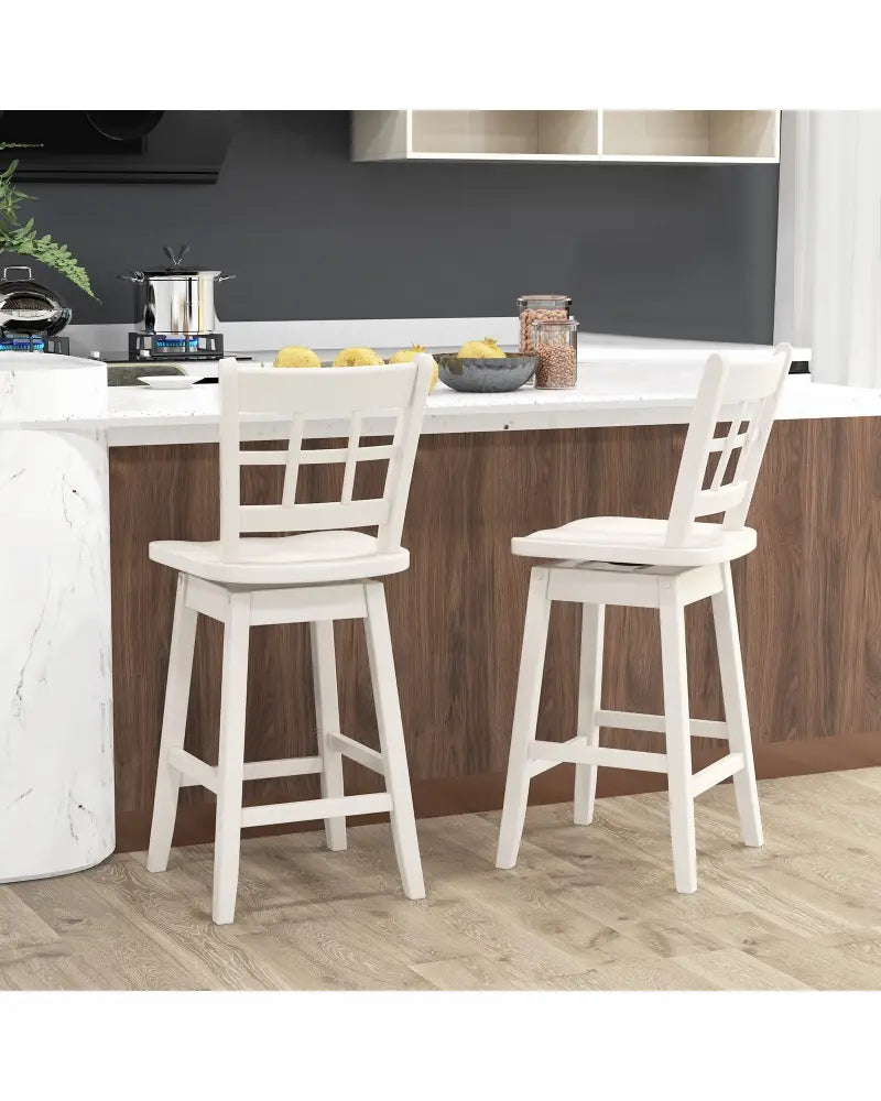 Counter Height Barstools Set of 2 with 6-Grid Hollow Back and Seat-White - White - Bar Stools