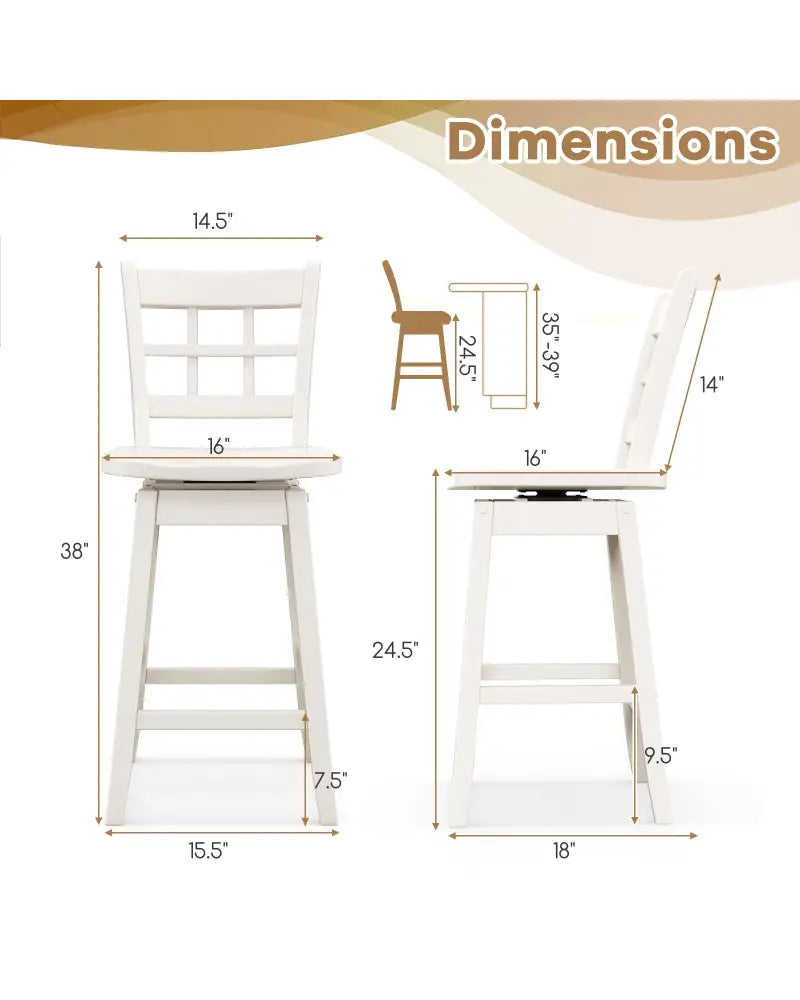 Counter Height Barstools Set of 2 with 6-Grid Hollow Back and Seat-White - White - Bar Stools