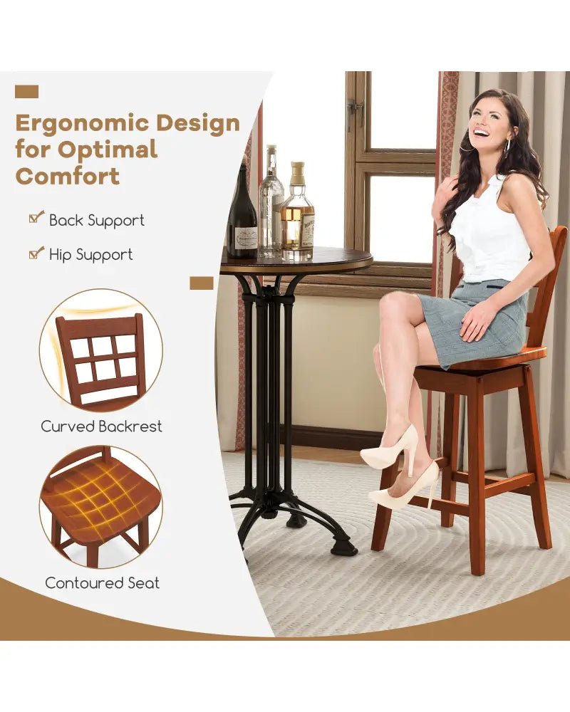 Counter Height Barstools Set of 2 with 6-Grid Hollow Back and Seat-Brown - Walnut - Bar Stools