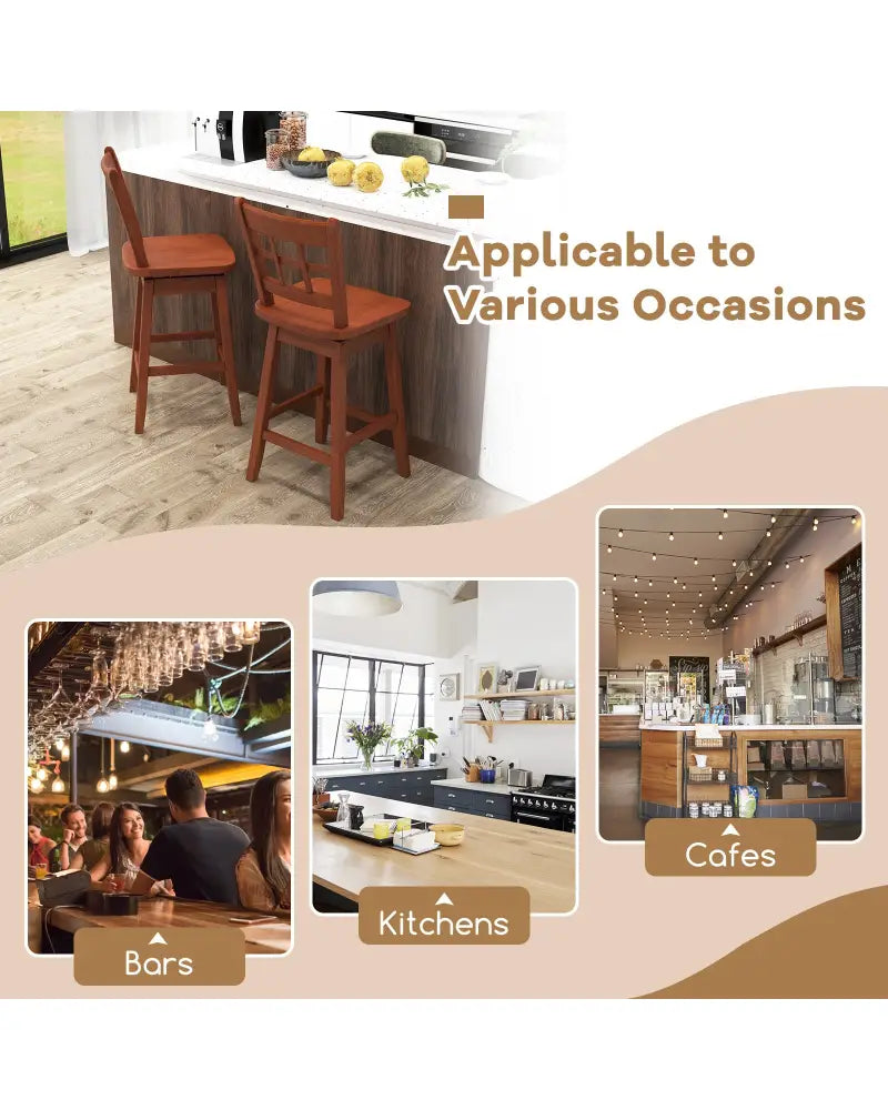 Counter Height Barstools Set of 2 with 6-Grid Hollow Back and Seat-Brown - Walnut - Bar Stools