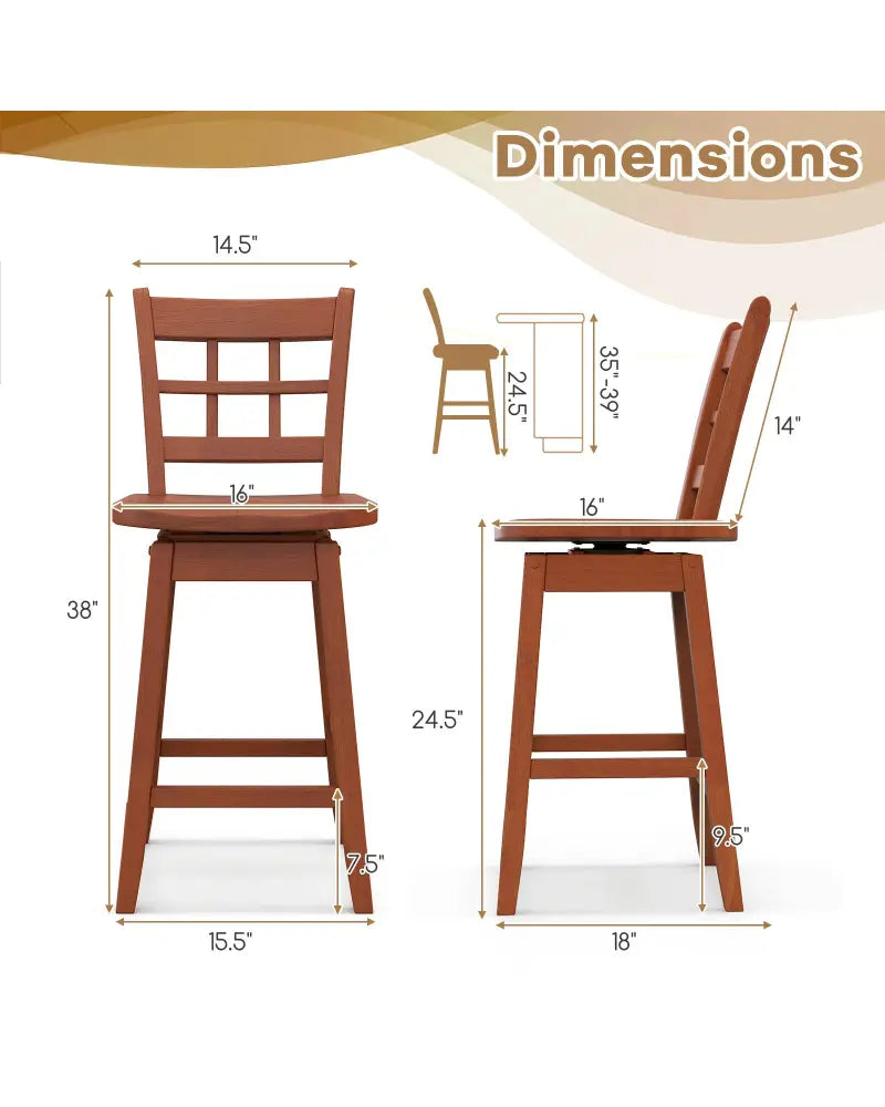 Counter Height Barstools Set of 2 with 6-Grid Hollow Back and Seat-Brown - Walnut - Bar Stools