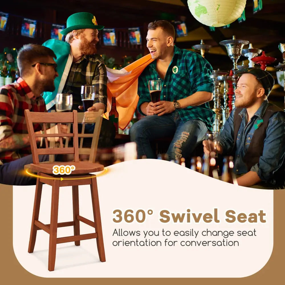Counter Height Barstools Set of 2 with 6-Grid Hollow Back and Seat-Brown - Walnut - Bar Stools
