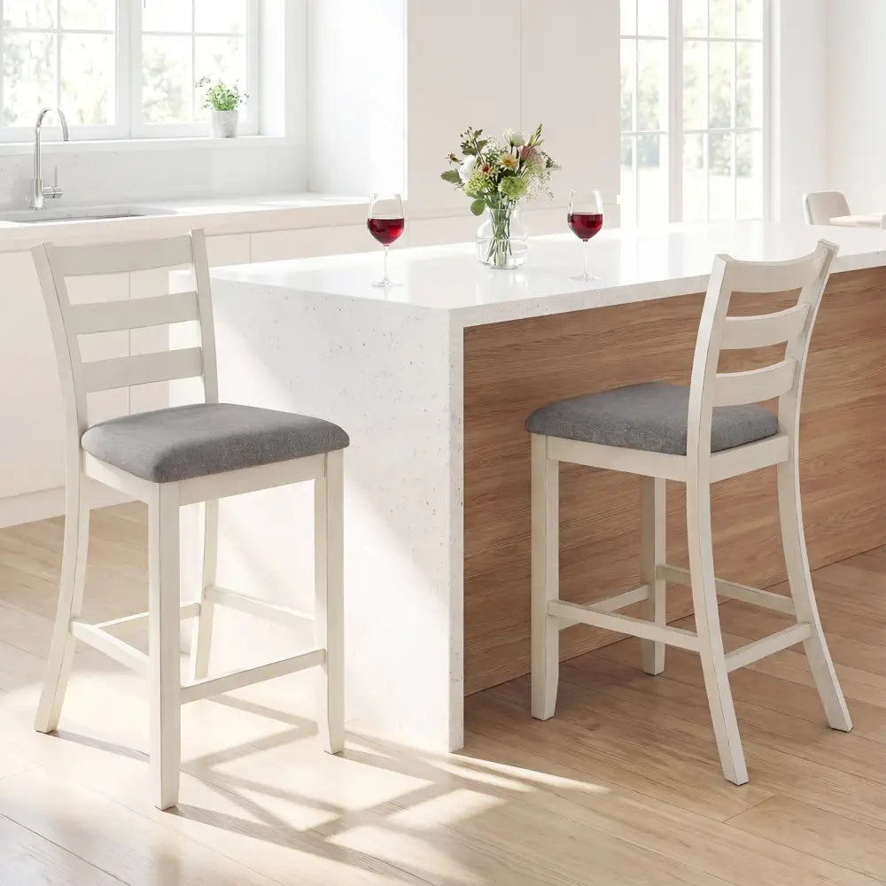 Counter Height Chairs with Fabric Seat and Rubber Wood Legs-Beige - Beige - Bar Stools