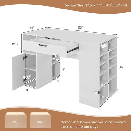 Counter Height Sewing Craft Table Computer Desk with Adjustable Shelves and Drawer-White - White - Sewing Tables