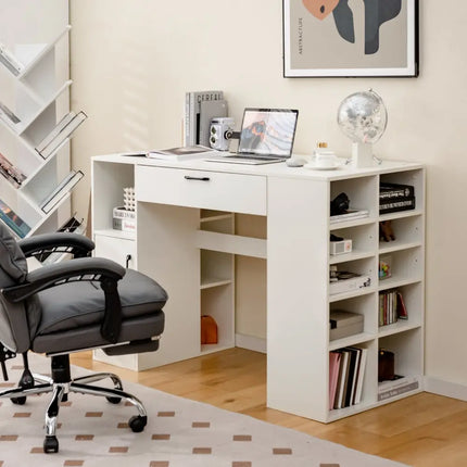Counter Height Sewing Craft Table Computer Desk with Adjustable Shelves and Drawer-White - White - Sewing Tables
