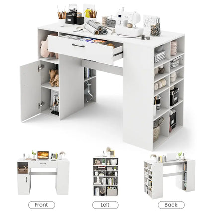 Counter Height Sewing Craft Table Computer Desk with Adjustable Shelves and Drawer-White - White - Sewing Tables