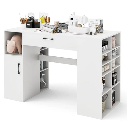 Counter Height Sewing Craft Table Computer Desk with Adjustable Shelves and Drawer-White - White - Sewing Tables