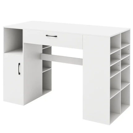 Counter Height Sewing Craft Table Computer Desk with Adjustable Shelves and Drawer-White - White - Sewing Tables
