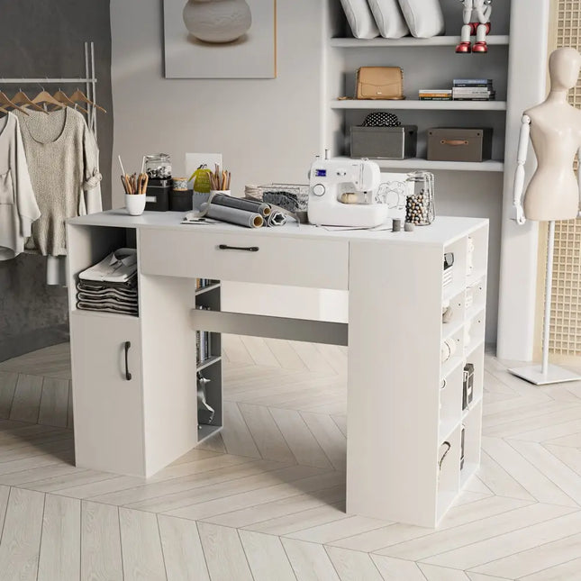 Counter Height Sewing Craft Table Computer Desk with Adjustable Shelves and Drawer-White - White - Sewing Tables