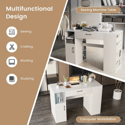 Counter Height Sewing Craft Table Computer Desk with Adjustable Shelves and Drawer-White - White - Sewing Tables