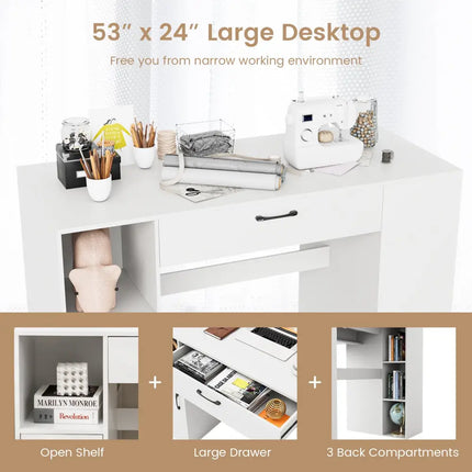Counter Height Sewing Craft Table Computer Desk with Adjustable Shelves and Drawer-White - White - Sewing Tables