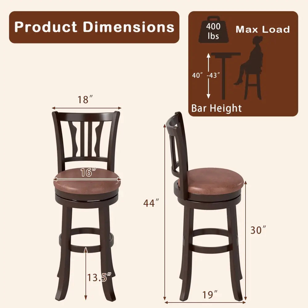 Counter Height Swivel Bar Stools Set of 2 with Back and Solid Rubber Frame-29 - Bar Stools