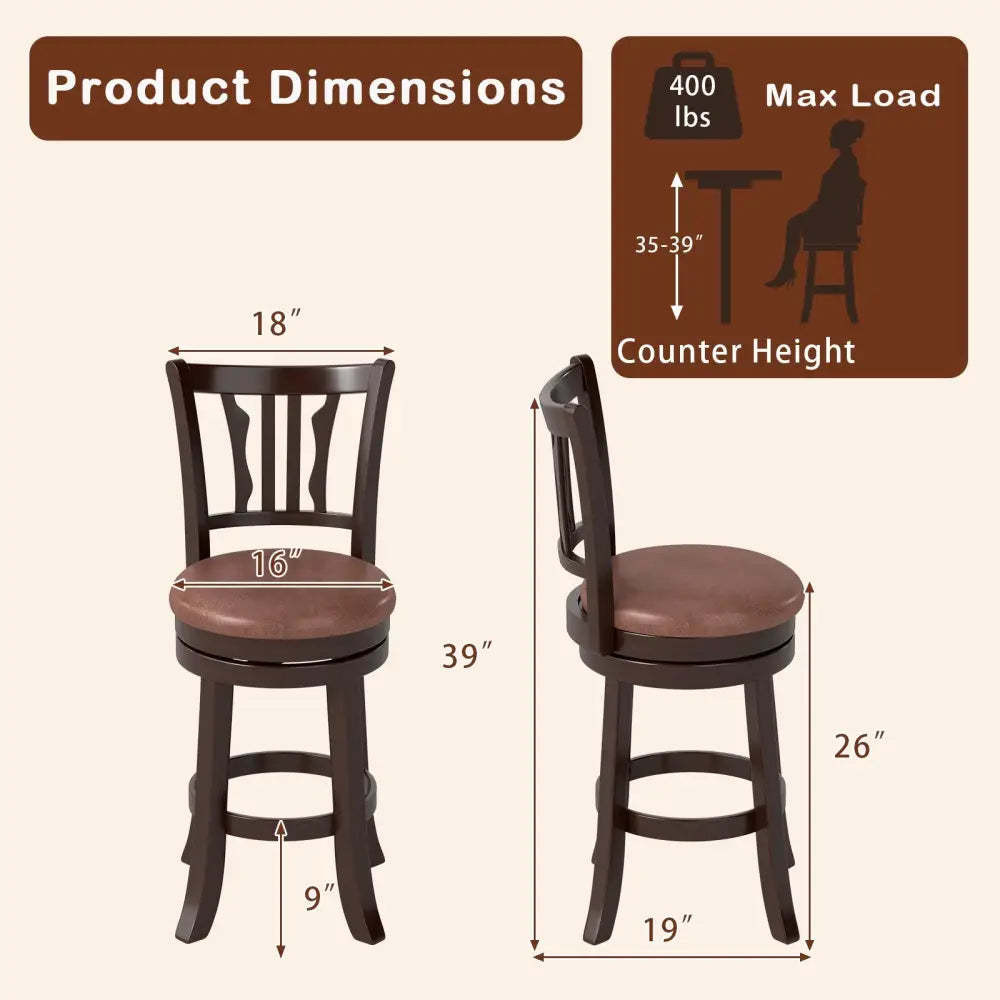 Counter Height Swivel Bar Stools Set of 2 with Back and Solid Rubber Frame-24 - Bar Stools