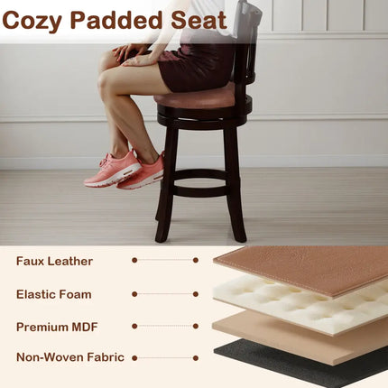 Counter Height Swivel Bar Stools Set of 2 with Back and Solid Rubber Frame-24 - Bar Stools