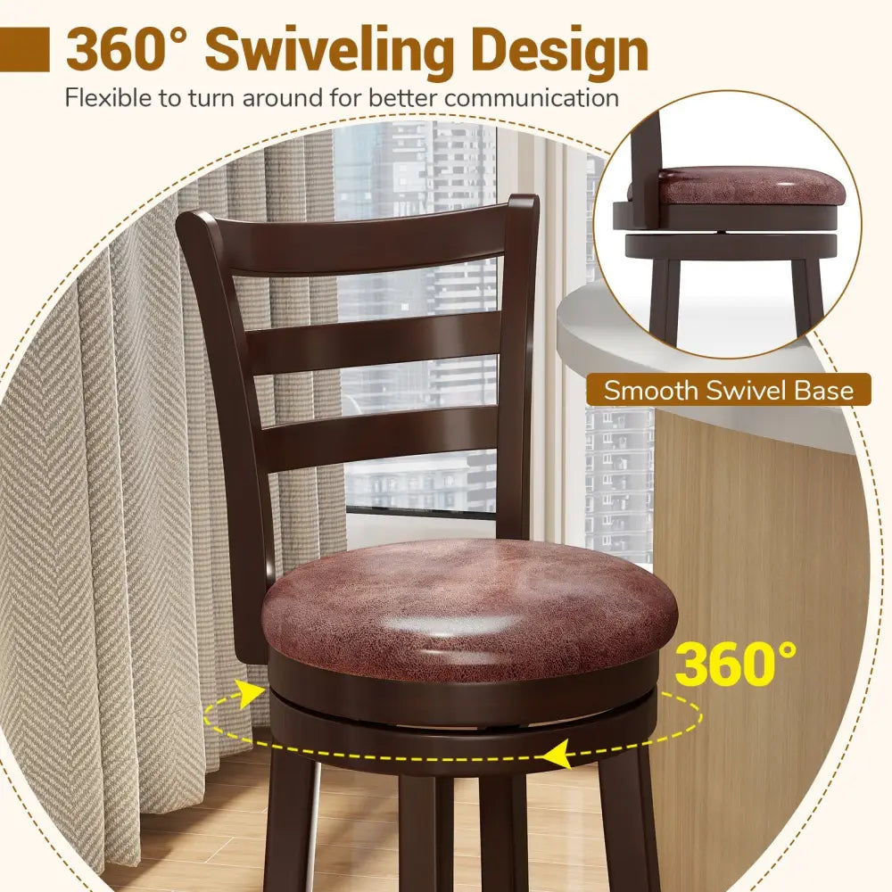 Counter Height Swivel Barstools Set of 2 with Faux Leather Seat and Wrap-around Footrest-29 - Bar Stools