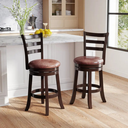 Counter Height Swivel Barstools Set of 2 with Faux Leather Seat and Wrap-around Footrest-24 - Bar Stools