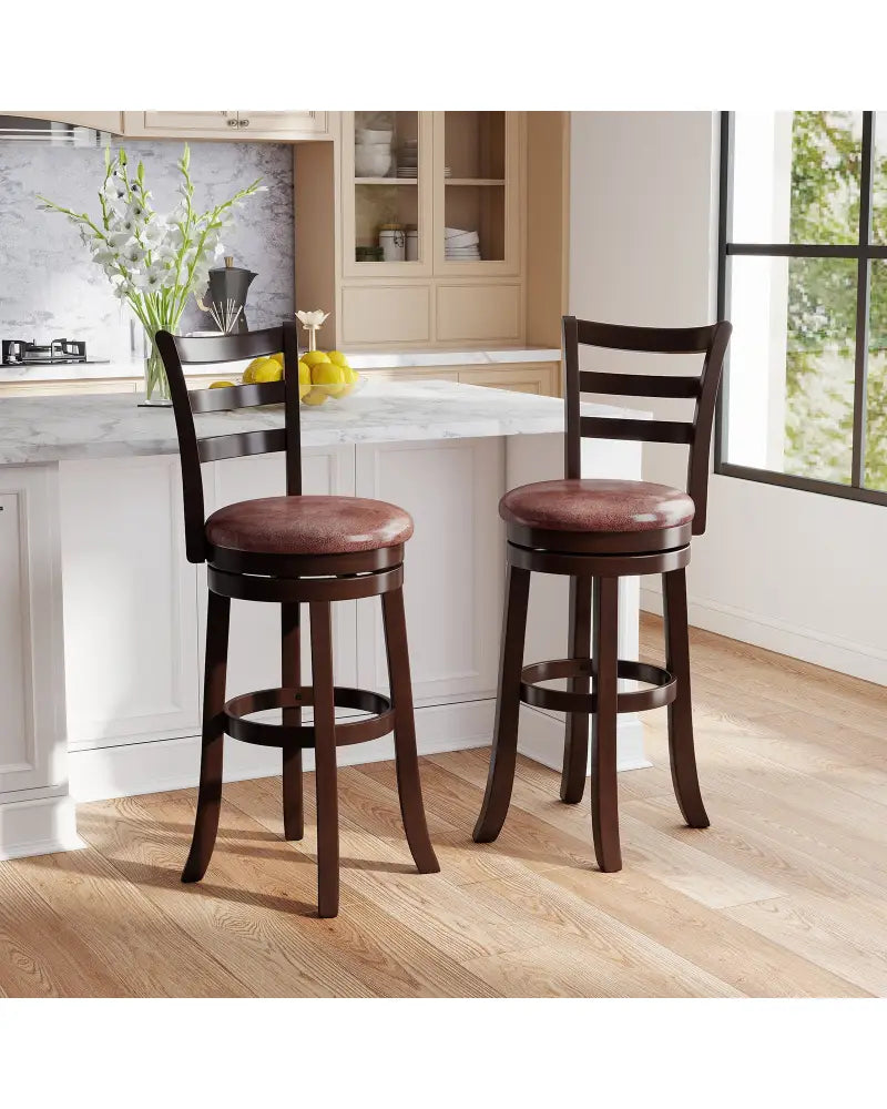 Counter Height Swivel Barstools Set of 2 with Faux Leather Seat and Wrap-around Footrest-29 - Bar Stools
