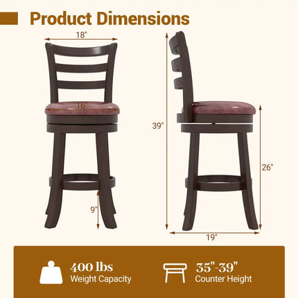 Counter Height Swivel Barstools Set of 2 with Faux Leather Seat and Wrap-around Footrest-24 - Bar Stools