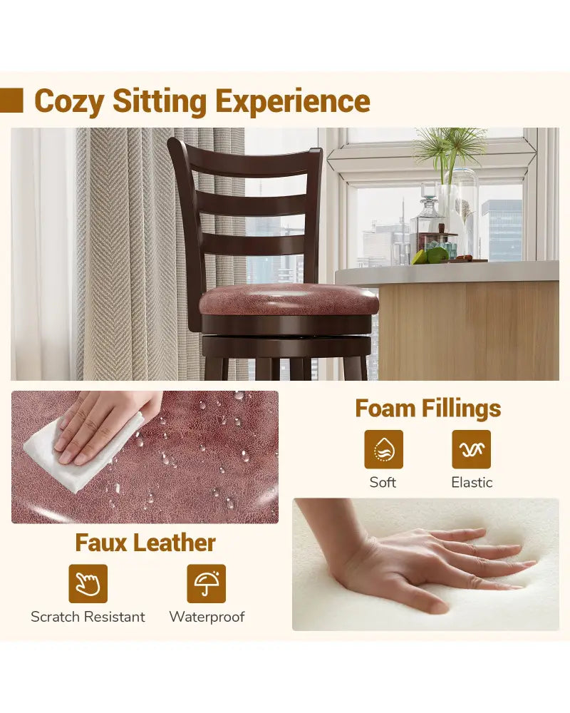 Counter Height Swivel Barstools Set of 2 with Faux Leather Seat and Wrap-around Footrest-24 - Bar Stools