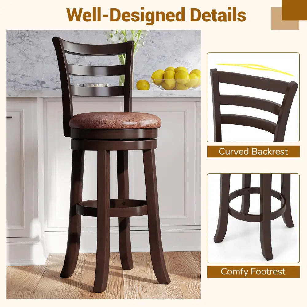 Counter Height Swivel Barstools Set of 2 with Faux Leather Seat and Wrap-around Footrest-29 - Bar Stools