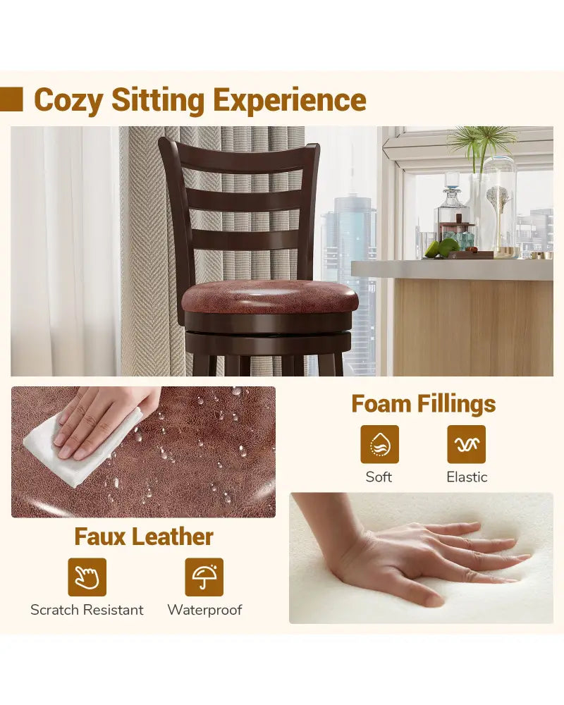 Counter Height Swivel Barstools Set of 2 with Faux Leather Seat and Wrap-around Footrest-29 - Bar Stools